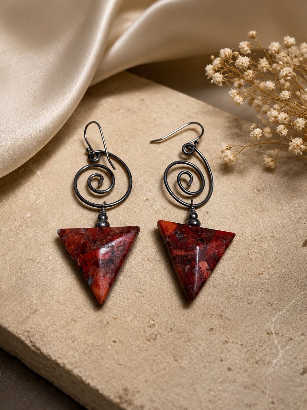 Artisan 925 Sterling Silver Triangle Red Jasper Earrings Spiral Dangle Boho